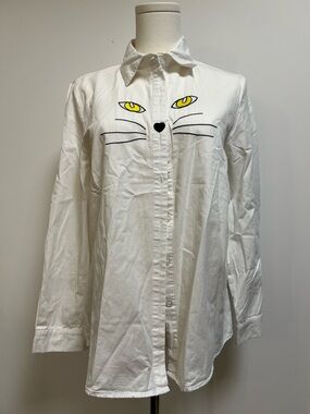 White Cat Face Button-Up Shirt with Yellow Eyes